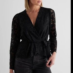 (B2) Express Women's Black Lace V-Neck Long Sleeve Peplum Tie Blouse Top M